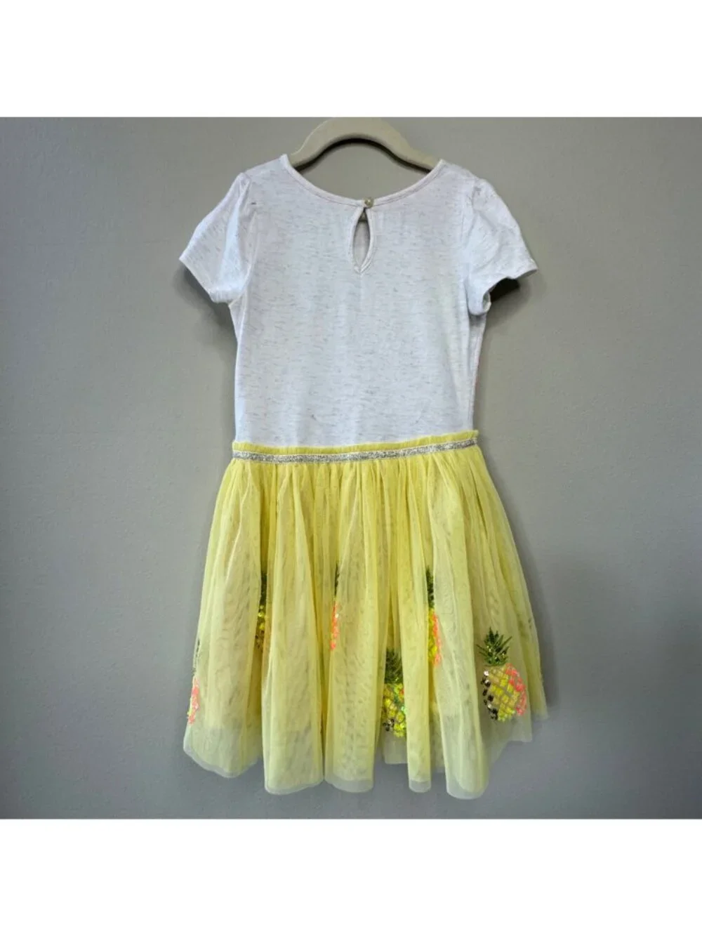 MONSOON Pineapple Disco Dress Girls 7-8 Yellow Tulle Tutu Sequins Pineapples - Picture 2 of 8